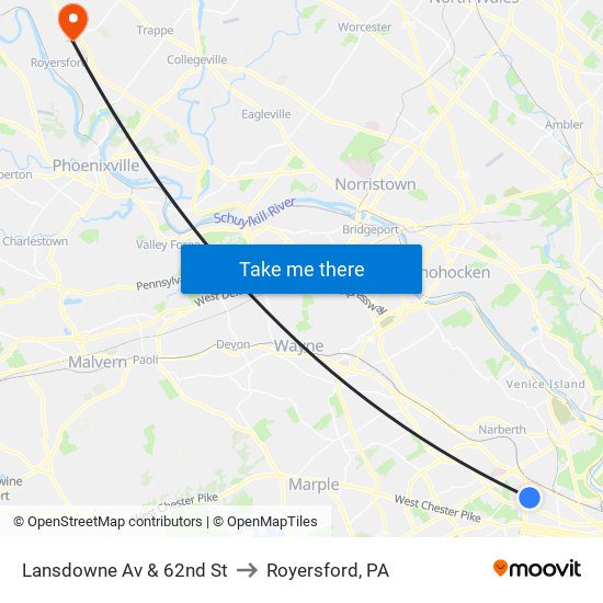 Lansdowne Av & 62nd St to Royersford, PA map