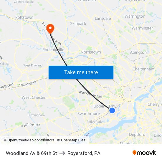 Woodland Av & 69th St to Royersford, PA map