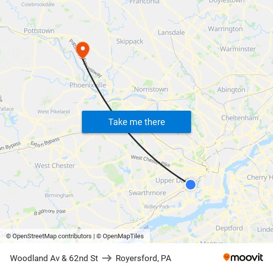 Woodland Av & 62nd St to Royersford, PA map