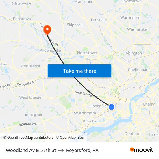 Woodland Av & 57th St to Royersford, PA map