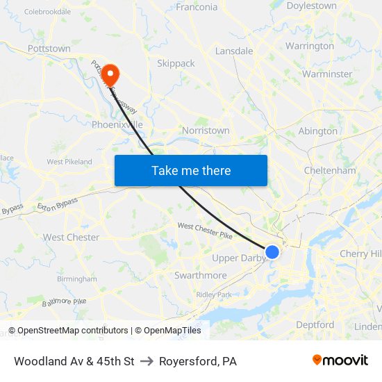 Woodland Av & 45th St to Royersford, PA map