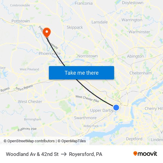 Woodland Av & 42nd St to Royersford, PA map