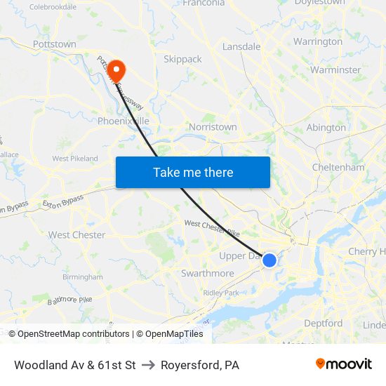 Woodland Av & 61st St to Royersford, PA map