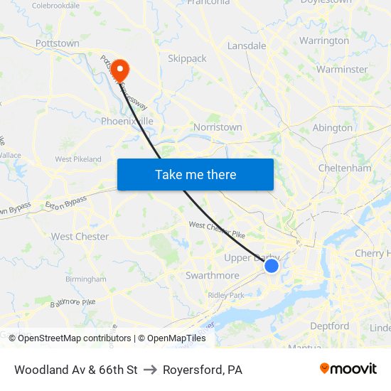 Woodland Av & 66th St to Royersford, PA map