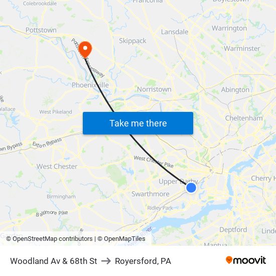 Woodland Av & 68th St to Royersford, PA map