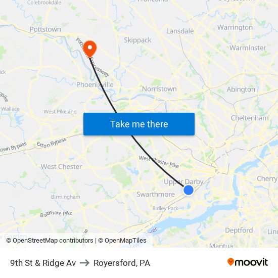 9th St & Ridge Av to Royersford, PA map