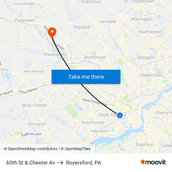 60th St & Chester Av to Royersford, PA map