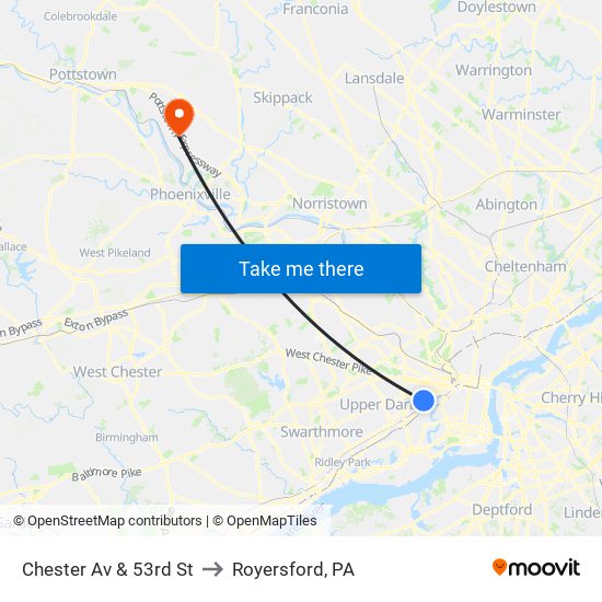 Chester Av & 53rd St to Royersford, PA map