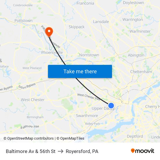 Baltimore Av & 56th St to Royersford, PA map