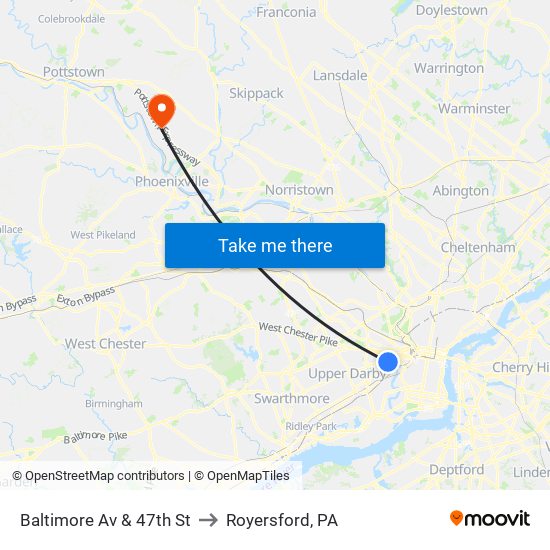Baltimore Av & 47th St to Royersford, PA map