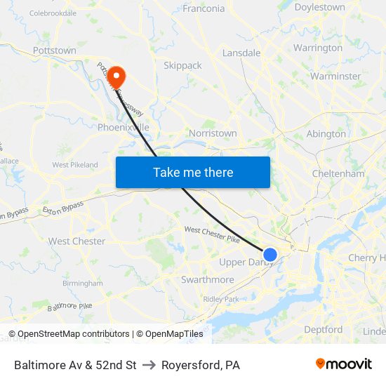 Baltimore Av & 52nd St to Royersford, PA map