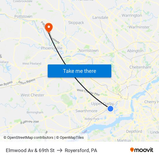 Elmwood Av & 69th St to Royersford, PA map