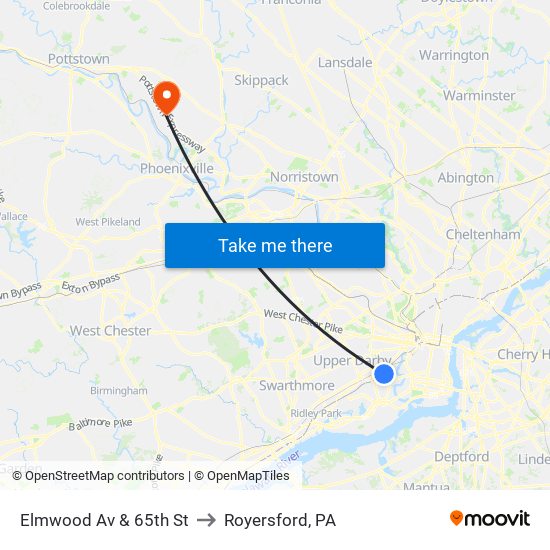 Elmwood Av & 65th St to Royersford, PA map