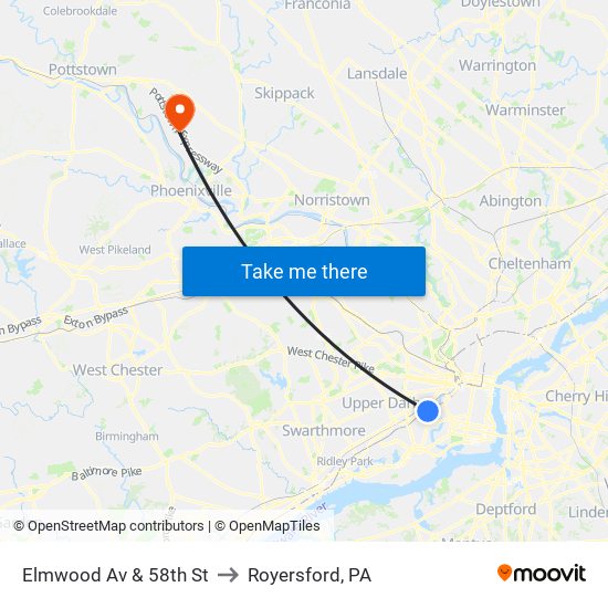 Elmwood Av & 58th St to Royersford, PA map