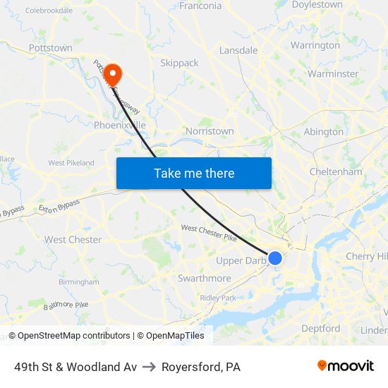 49th St & Woodland Av to Royersford, PA map