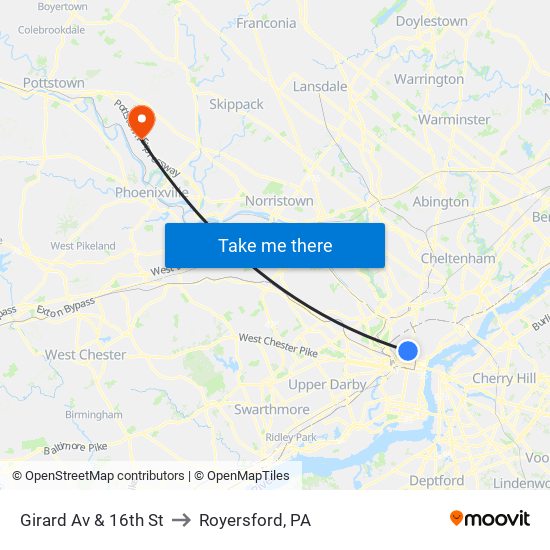 Girard Av & 16th St to Royersford, PA map