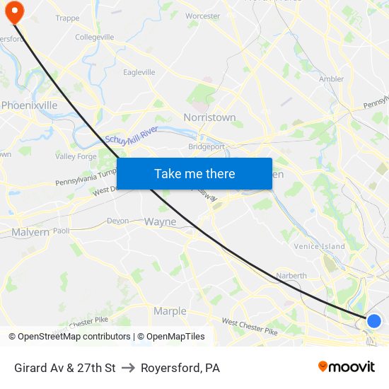 Girard Av & 27th St to Royersford, PA map