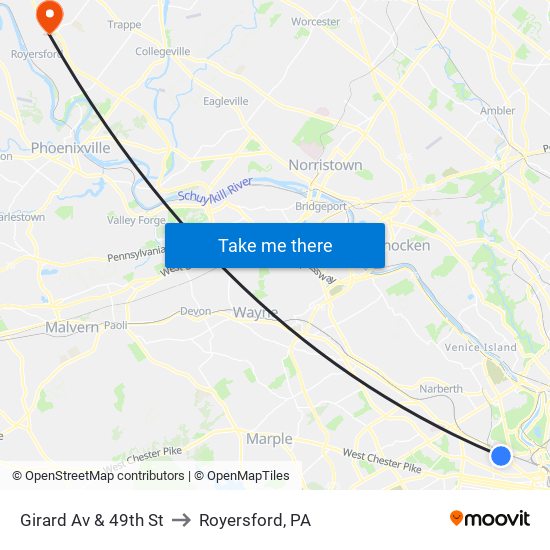 Girard Av & 49th St to Royersford, PA map