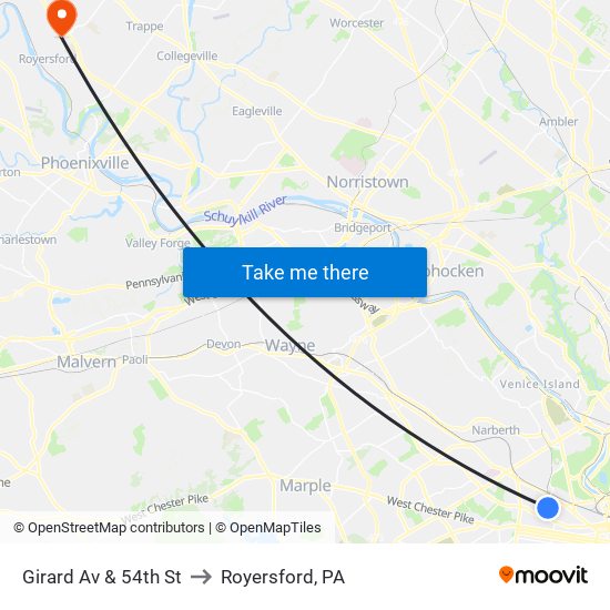 Girard Av & 54th St to Royersford, PA map