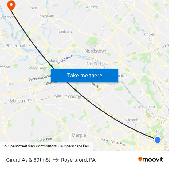 Girard Av & 39th St to Royersford, PA map