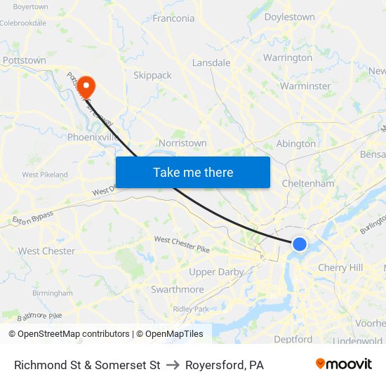 Richmond St & Somerset St to Royersford, PA map