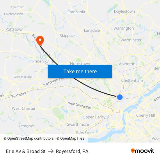 Erie Av & Broad St to Royersford, PA map