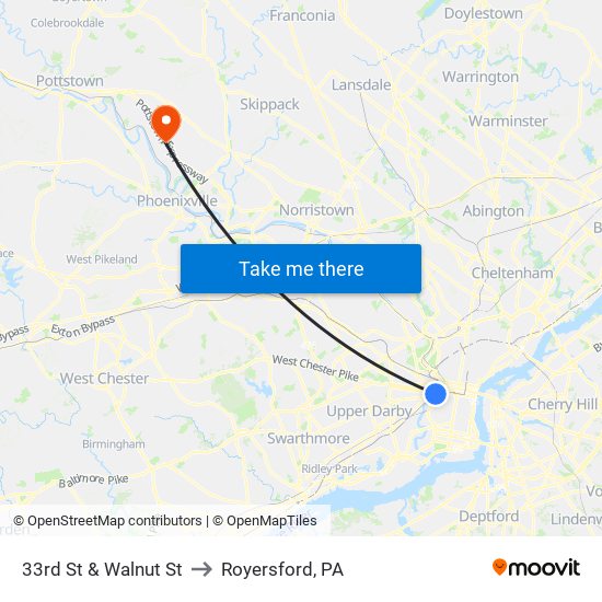 33rd St & Walnut St to Royersford, PA map