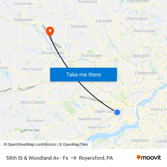 58th St & Woodland Av - Fs to Royersford, PA map