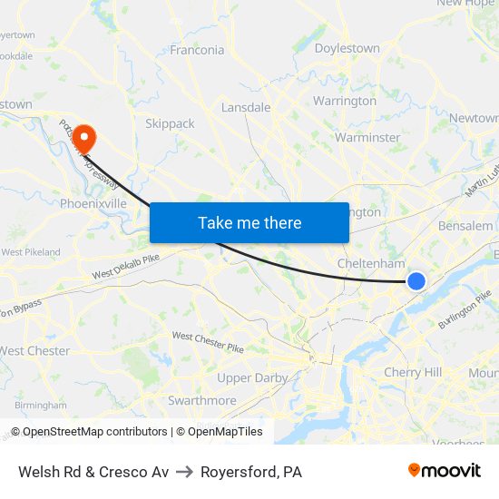 Welsh Rd & Cresco Av to Royersford, PA map