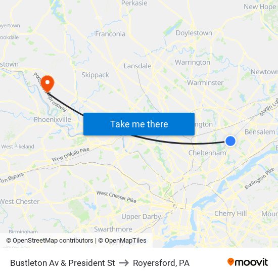 Bustleton Av & President St to Royersford, PA map