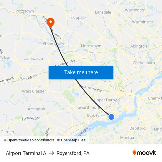 Airport Terminal A to Royersford, PA map