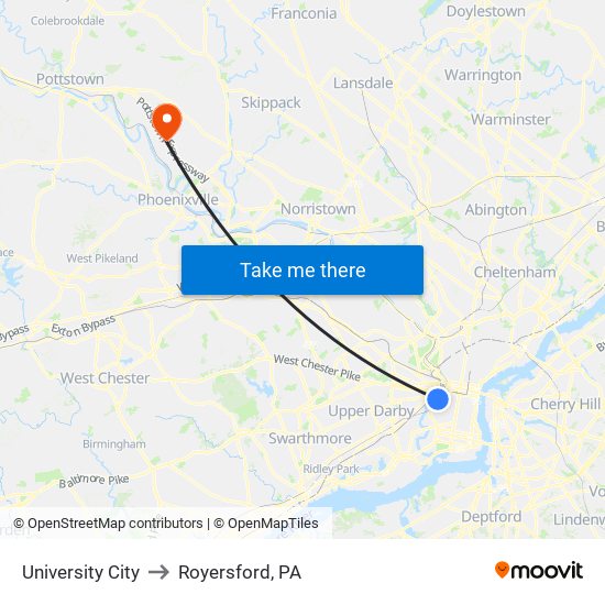 University City to Royersford, PA map