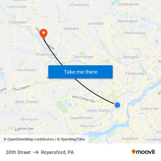 30th Street to Royersford, PA map