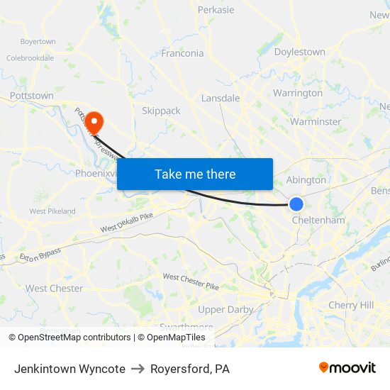 Jenkintown Wyncote to Royersford, PA map