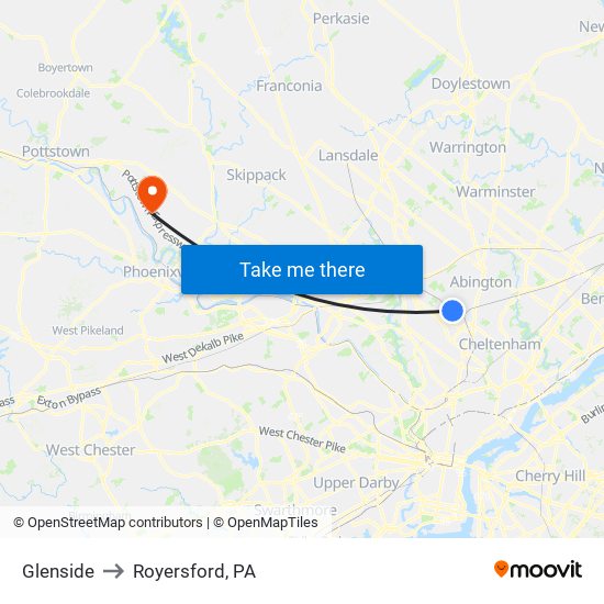 Glenside to Royersford, PA map