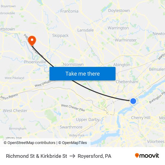 Richmond St & Kirkbride St to Royersford, PA map