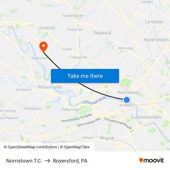 Norristown T.C. to Royersford, PA map