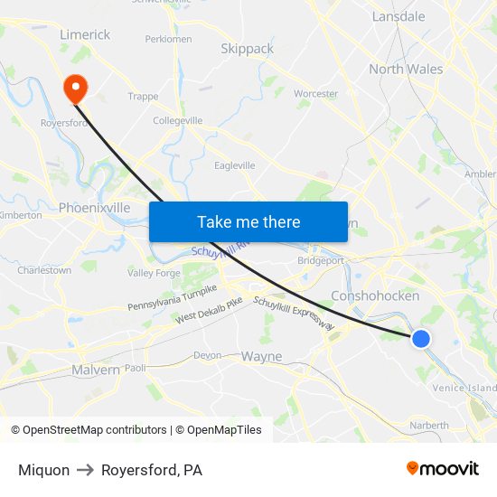 Miquon to Royersford, PA map