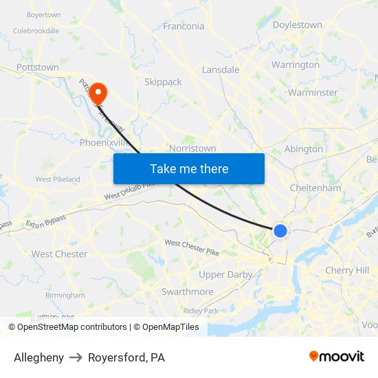 Allegheny to Royersford, PA map