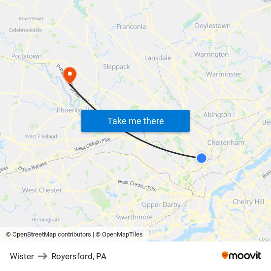Wister to Royersford, PA map