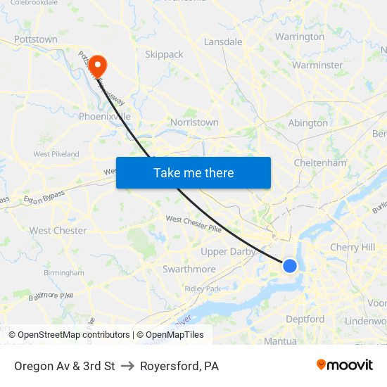 Oregon Av & 3rd St to Royersford, PA map