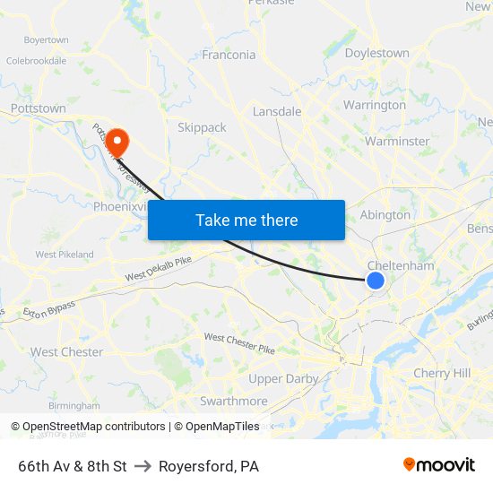 66th Av & 8th St to Royersford, PA map