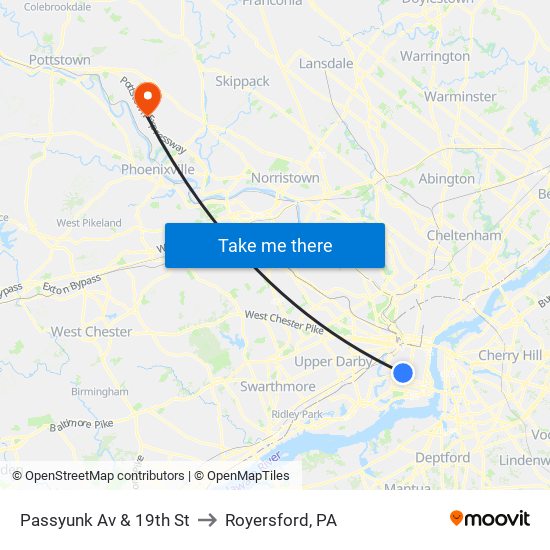 Passyunk Av & 19th St to Royersford, PA map