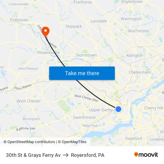 30th St & Grays Ferry Av to Royersford, PA map