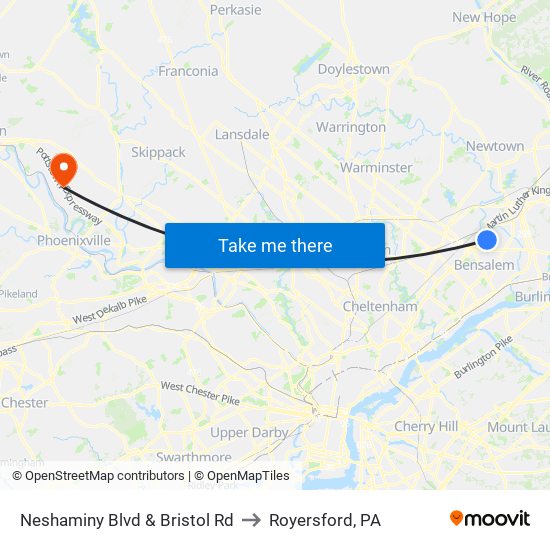 Neshaminy Blvd & Bristol Rd to Royersford, PA map