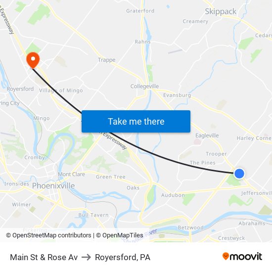 Main St & Rose Av to Royersford, PA map