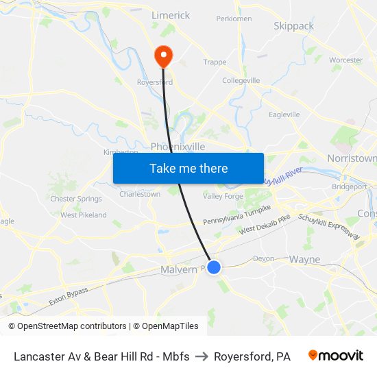 Lancaster Av & Bear Hill Rd - Mbfs to Royersford, PA map