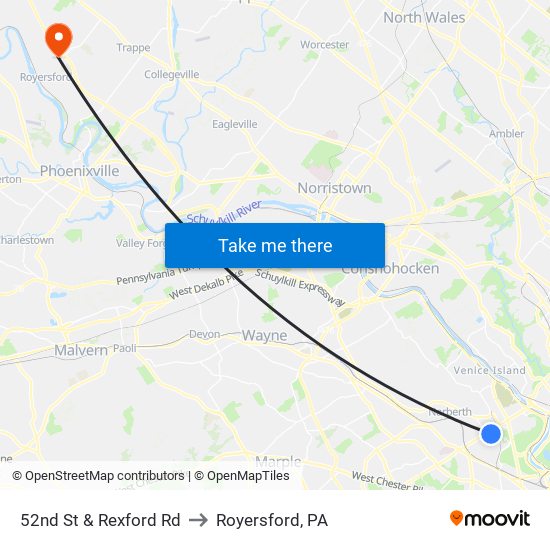 52nd St & Rexford Rd to Royersford, PA map