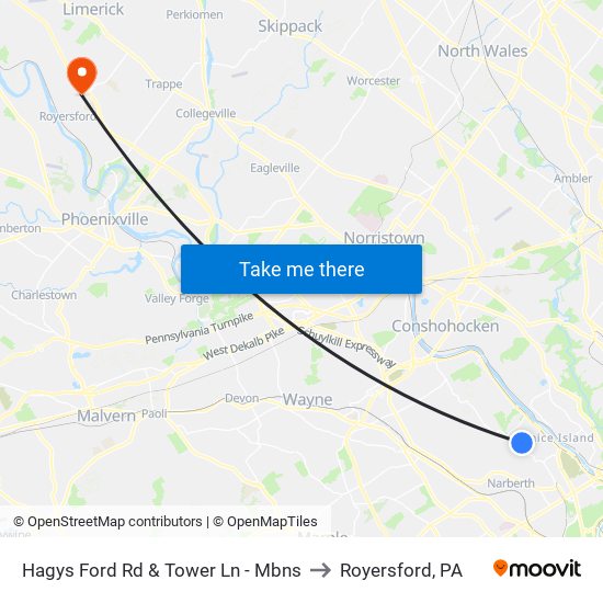 Hagys Ford Rd & Tower Ln - Mbns to Royersford, PA map