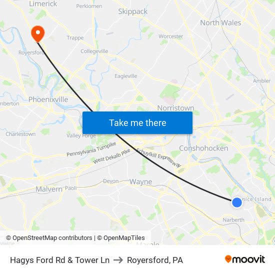 Hagys Ford Rd & Tower Ln to Royersford, PA map